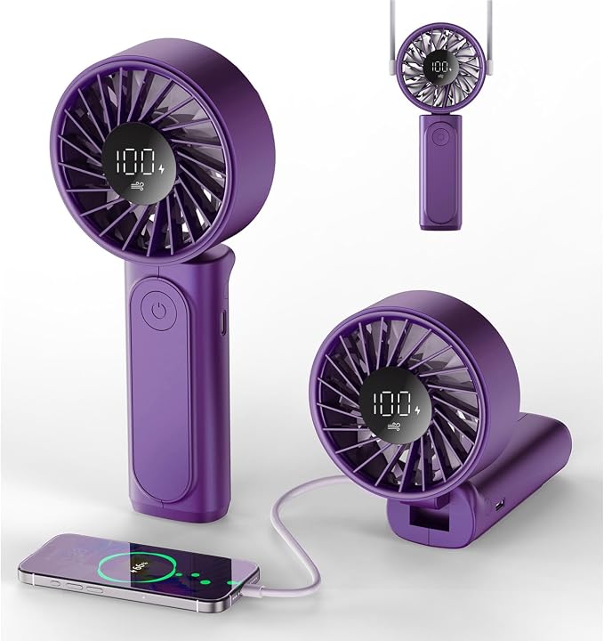 Peiyuu Portable Handheld Fan, 4000mAh, USB Rechargeable 180° Foldable Mini Desk Fan, 6 Wind Speed, LCD Digital Display, Lanyard as Neck Fan, Ultra Quiet, Pocket Size for Indoor Outdoor