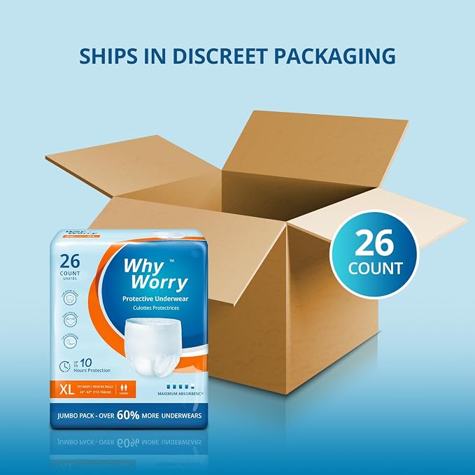 WhyWorry Incontinence Underwear for Women & Men, XLarge, 26 Count | Disposable Adult Pull Ups with Maximum Absorbency, Leakproof Adult Diaper Pants, Overnight Protection, Odor Control, Unisex