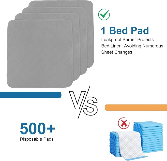 Bed Pads Washable Waterproof 34'' x 36'' (Pack of 4), Reusable Incontinence Underpads for Adults, Washable Pee Pads, Great for Dogs, Cats, Bunny, Seniors Bed Pad, Hospital Bed Sheets, Grey