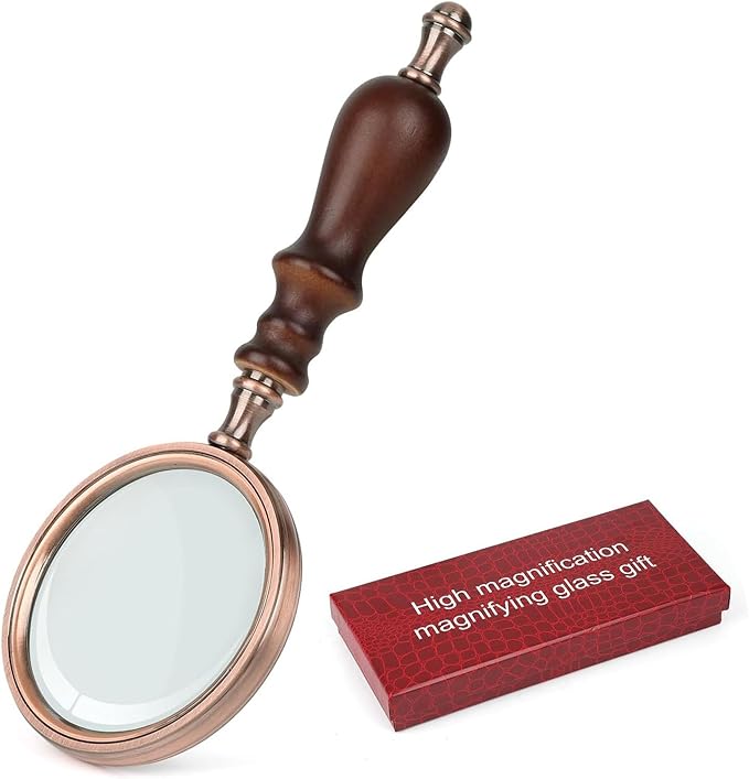 Rongon Handheld Magnifying Glass 10X Vintage Reading Magnifiers with Wooden Handle Antique Copper Portable Magnifying Lens for Reading Macular Degeneration Hobby Observation Classroom