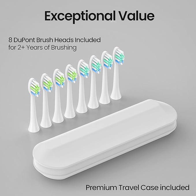 YUNCHI Electric Toothbrush Birthday/Valentine Plastic 8 Dupont Heads 24-Mo Deep Cleans Gentle Gums Removes Stains 3Hr USB-C 90d 2-Min Timer/30s IPX7 - White