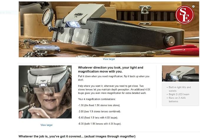 SE Illuminated Dual Lens Flip-in Head Magnifier, Head Magnifier, Tools for Repair & Precision Work, Adjustable Headlamp, 4.5X Loupe Magnifying, Black