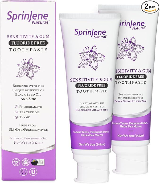 SprinJene Natural Fluoride Free Toothpaste for Sensitive Teeth & Gums – Patented Toothpaste with Black Seed Oil & Zinc – Vegan Dry Mouth Prevention for Fresh Breath – Made in The USA (2 Pack)