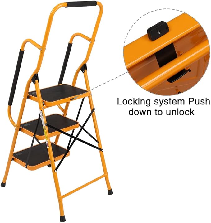 Winado 3 Step Ladder with Handrails, 330lbs Folding Step Stool, w/Non-Slip Side Armrests Large Pedal Area, Suitable for Home Office