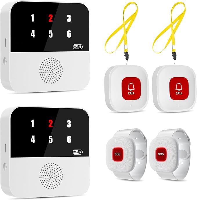 PILSAMAS WiFi Caregiver System - 2 Smart HUBs with Flashing Caller ID & APP Alert, 2 Waterproof Wristband + 2 Call Buttons, No Monthly Fee, Medical Alert Systems for Seniors at Home & Nursing Homes