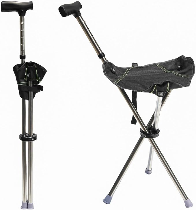 FATTCHIAR Cane with Seat, Cane Chair Capacity 330lbs, Adjustable Height Folding Lightweight Walking Stick with Seats, Portable Stool for Adults Seniors Hiking Camping