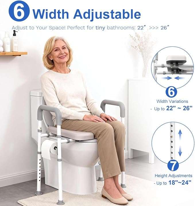 Raised Toilet Seat with Handles - Width & Height Adjustable Toilet Seat Risers for Seniors, Heavy Duty Handicap Toilet Riser, Fit Any Toilet, Up to 400lbs