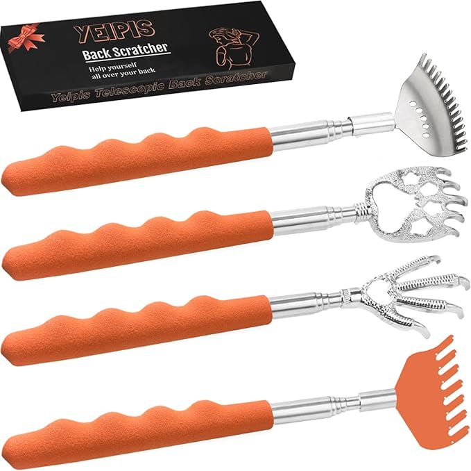 4 Pack Different Style Back Scratcher Metal Portable Telescoping Back scratchers, Extendable Back Massager Tool with Beautiful Box, Stocking Stuffers Gift for Men Women（Orange）