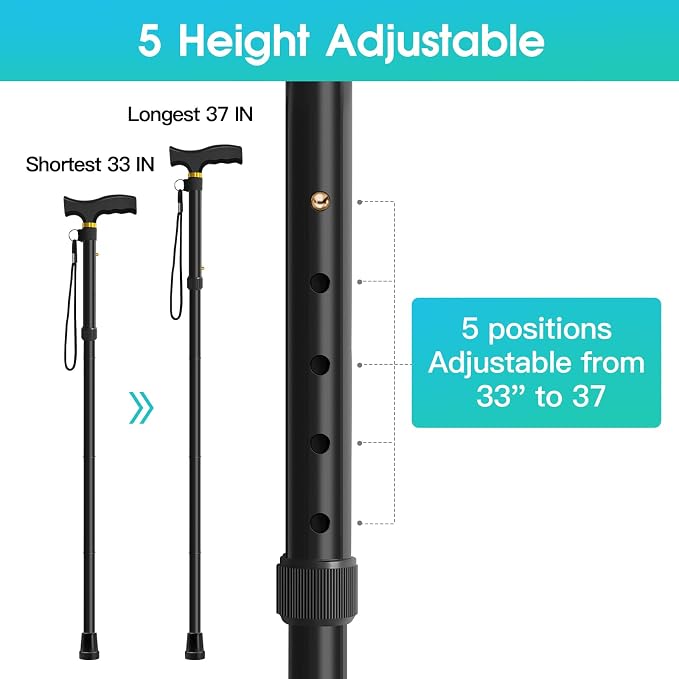 Folding Cane, Walking Poles with Adjustable Height, Canes for Men, Women and for The Elderly, Aids for People WithLlimited Mobility(Black)