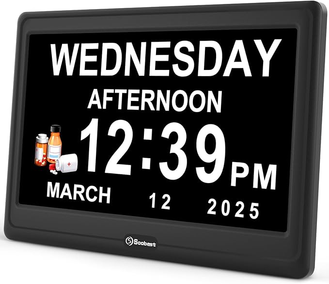 Soobest 12” Dementia Digital Clock for Seniors Extra Large, 20 Alarm Reminders Date Day Time Display for Elderly Memory Loss Alzheimers, Electric Calendar Clock, Auto DST, 1024 * 600P HD