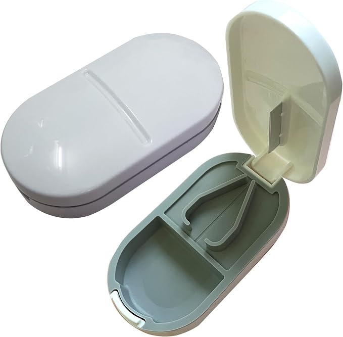 Pill Cutter for Small or Large Pills, Portable Pill Splitter 2-in-1 Pill Case with Stainless Steel Blade, Cuts Pills, Vitamins, Tablets (White)