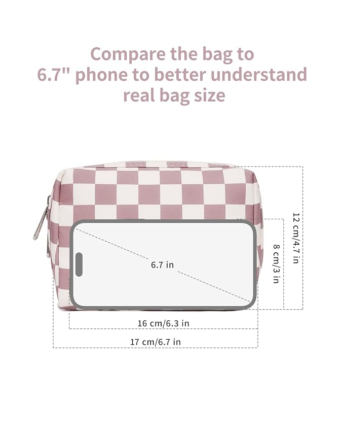 Narwey Small Checkered Makeup Bag for Purse Mini Pink Cosmetic Bag Travel Makeup Pouch Zipper Pouch Cute Make up Bags with Compartments for Women Girls (Dusty Rose Checkerboard, Small)