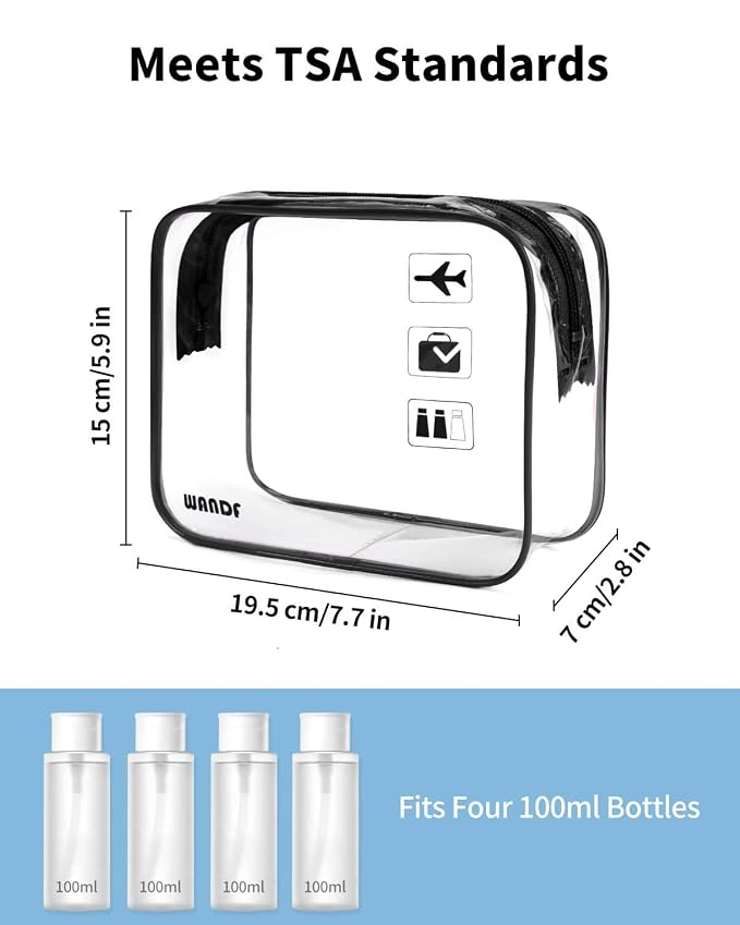 WANDF TSA Approved Toiletry Bag, 3 Pack Clear Makeup Bag | Quart Size, Airport Carry-On, TSA Liquids Travel Bag, Clear PVC, Women Men Travel Essentials