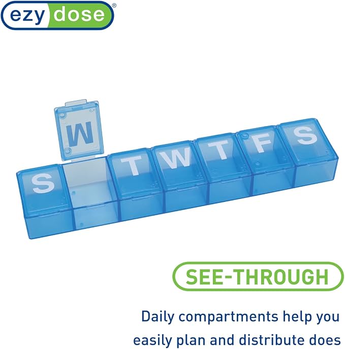 Ezy Dose Weekly (7-Day) Pill Organizer, X-Large Medicine Planner, Blue | Spacious Compartments for Pills & Supplements, Durable Design, Easy-Open Lids, Perfect for Home & Travel Use, BPA-Free