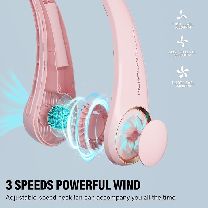 Jancane Neck Fan, USB Rechargeable Personal Fan, 3 Speeds Adjustable, Large air outlet Powerful Strong Wind, Adjustable, 360° Cooling, Super Quiet, No Blade Design, No Hair Twisting, Small (Pink)
