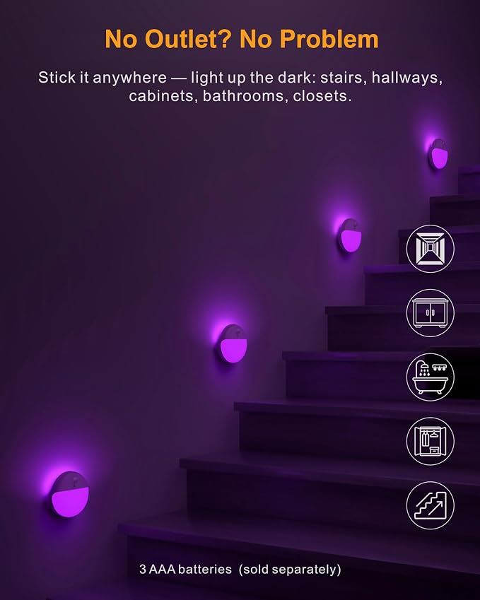 Purple Motion Sensor Night Light Battery Operated, Dim Sticky Light | 2 Pack, 3 Modes, Dimmable 1-15lm, Soft Glow, Wireless Motion Activated Violet Light for Girls, Bathroom, Bedroom, Adults