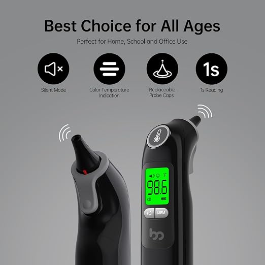Femometer Family Ear Thermometer, Highly Accurate Ear Thermometer for Kids, Adults and Babies, 30 Memory Recall, 1s Result and 3-Color Fever Alert, with 24 Disposable Probe Covers, Black | 1s Fast Accurate Reading, 30-Memory Recall, 3-Color Fever Alert...