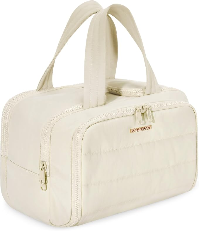 BAGSMART Travel Toiletry Bag, Crush Toiletry Bag for Women, Wide-open Puffy Toiletry Bags for Traveling, Large Travel Cosmetic Makeup Bag Organizer for Accessories,Toiletrie, Beige