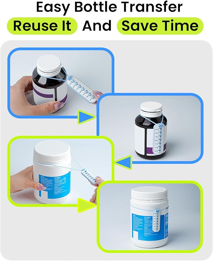 Odaro 2 Pack Pill Reminder, Lanyad or Sticker Pill Tracker, Work with Most Bottles, Reusable Medication Tracker Replacement of Vitamin Weekly (7 Day) Medicine Organizer