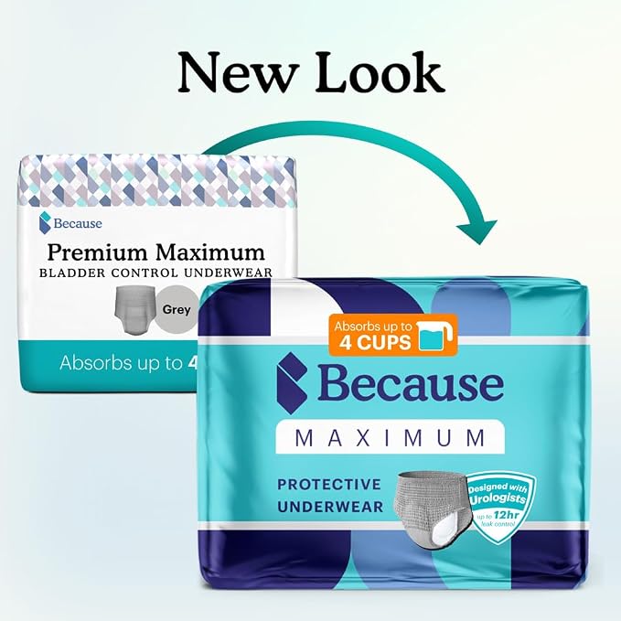 Because Maximum Incontinence Underwear for Men - Heavy Bladder Leak Protection, Ideal for Overnight Leakage, Sleek, Invisible Fit, Grey, Large - Absorbs 4 Cups - 80 Count (4 Packs of 20)