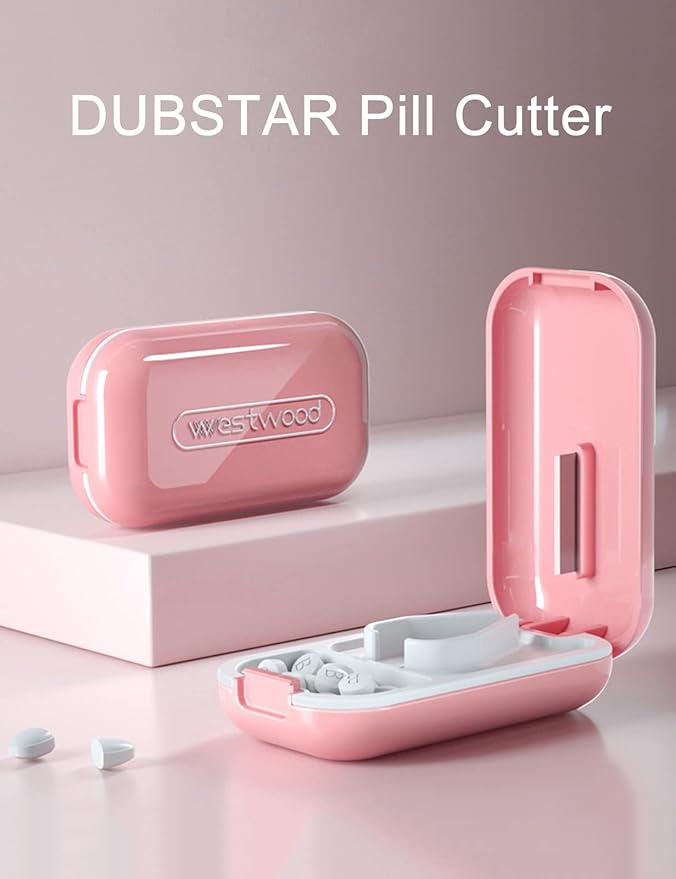 DUBSTAR Small Pill Cutter, Splitter for Small & Tiny Pills, Portable Pill Cutters for Large Pills, Cuts Vitamins & Tablets, 2 Compartments (2 PCS, Pink+Pink)
