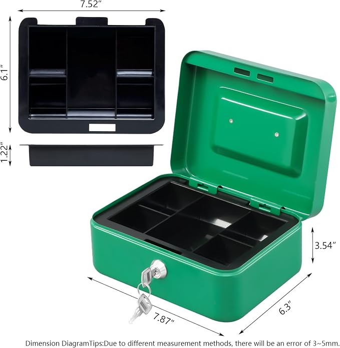 KYODOLED Medium Cash Box with Money Tray,Small Safe Lock Box with Key,Cash Drawer,7.87"x 6.30"x 3.54" Green Medium