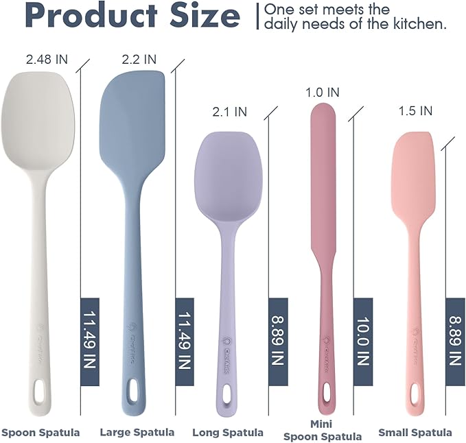 5 Pieces Silicone Spatula Set, Food Grade Rubber Spatula, Upgrade Strong Handle with Ergonomic Grip, Heat Resistant Up to 600°F for Nonstick Cookware, Cooking
