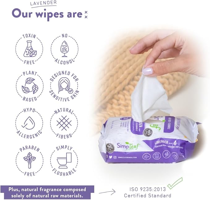 Simpleaf Flushable Wet Wipes Lavender| Eco-Friendly, Paraben & Alcohol Free | Hypoallergenic & Safe for Sensitive Skin | Soothing Aloe Formula | (6 x 25 Counts Convenient Pack) 150 Counts Total