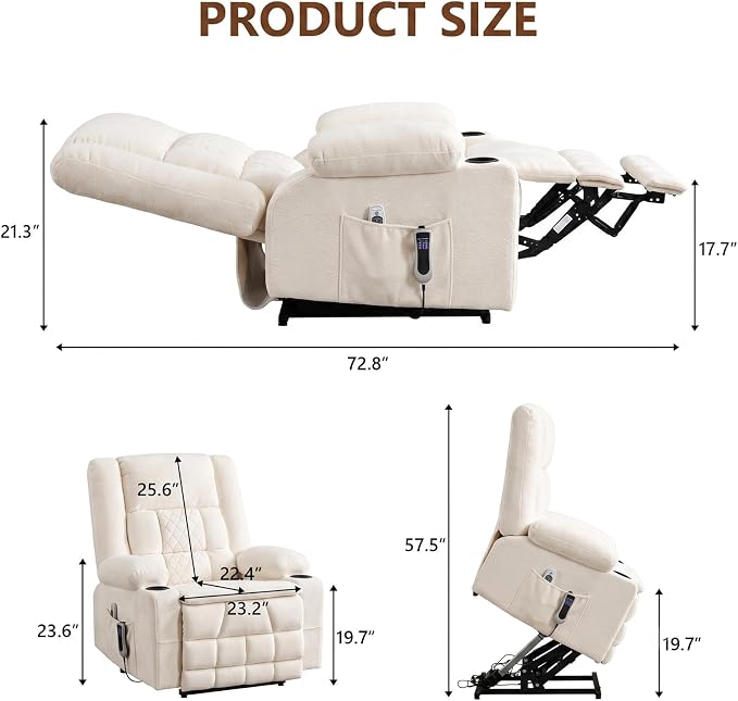 Power Lift Recliner Chair for Elderly with Lumbar Heat and Massage, Electric Lift Chair with Remote and USB Port, Wide Seat Recliner with Cup Holders for Living Room, Bedroom
