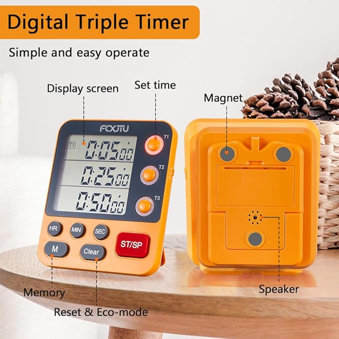 FCXJTU Digital Dual Triple Kitchen Timer, 3 Channels Magnetic Countdown Stopwatch Timer for Cooking, Loud Alarm Large Display Multi Food Memory Timer for Seniors & Teachers Battery Included (Blue)