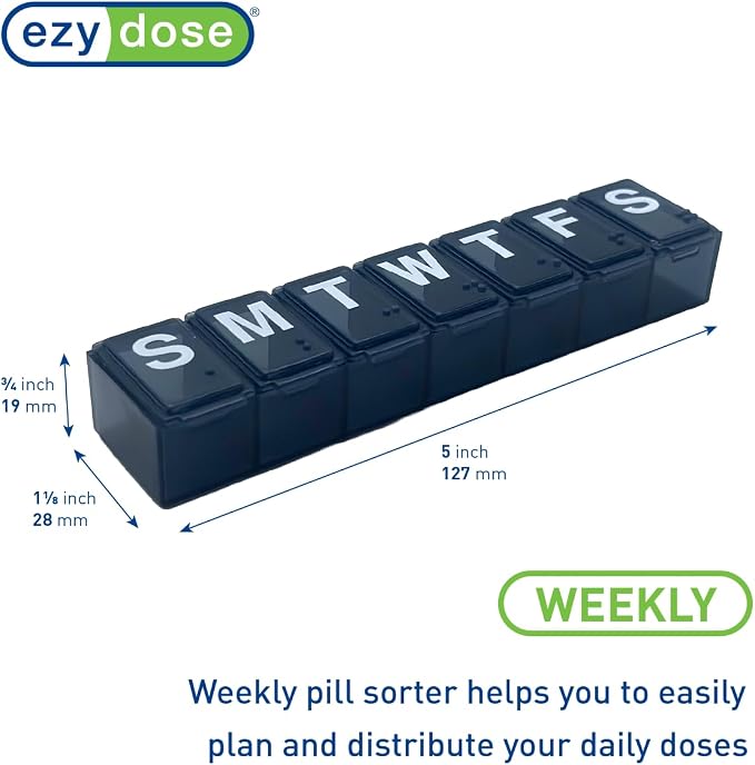 EZY DOSE Weekly (7-Day) Daily Pill Organizer, Vitamin Planner, Medicine Container, Case for Supplements and Fish Oils, Convenient and Easy to Use, Medium Compartments, Travel Friendly, Black, BPA Free