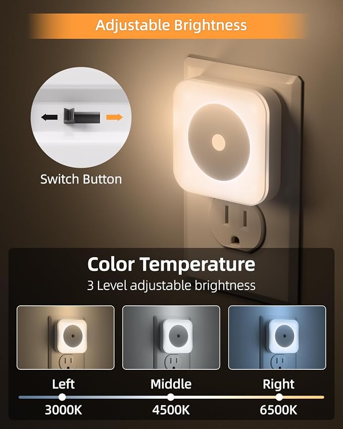 4-Pack LED Night Lights Plug into Wall,Bright Nightlight Auto-On/Off and Dimmable,0.5W Plug in Socket Night Light,Smart Sensor,Daylight White,for Adults Kids Bedroom Bathroom Hallway Kitchen Decor (4)