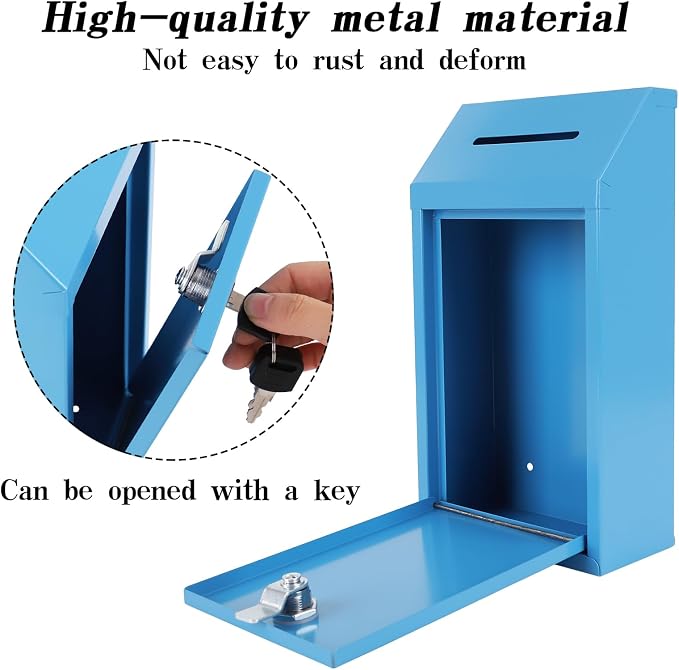 Metal Donation Box with Lock Ballot Box Drop Box with Lock Suggestion Box with Slot and Locks Metal Locks Box Comment Box Voting Box Key Drop Box for Home Office(Blue,10.24 x 5.71 x 2.95 Inch)