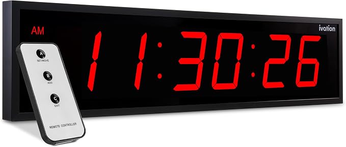 Ivation Oversized Large Digital Wall Clock - Big LED Digital Clock w/Large Display & Durable Aluminum Frame, Shelf or Wall Mount (24 Inch - RED) 6 Brightness Levels | Time Memory | Remote