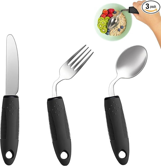 3-Piece Adaptive Utensils Set - 42° Angled Parkinsons Utensils, 2.5 oz Weighted Utensils for Tremors and Parkinsons Patients, Easy Grip Weighted Silverware for Hand Tremors (Left-Handed)