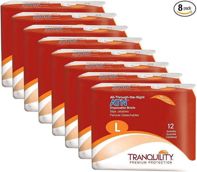 Tranquility Premium ATN Disposable Briefs with Tabs, Overnight Protection Superabsorbent Core for Leak-Free and Full-Fit Comfort, Large 96ct Case