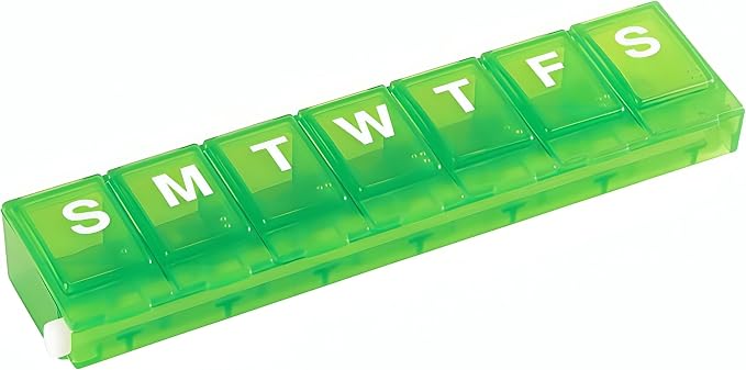 EZY DOSE Weekly (7-Day) Pill Case, Medicine Planner, Vitamin Organizer, Small Locking Compartments to Secure Prescription Medication and Prevent Accidental Spilling, Color May Vary, BPA Free