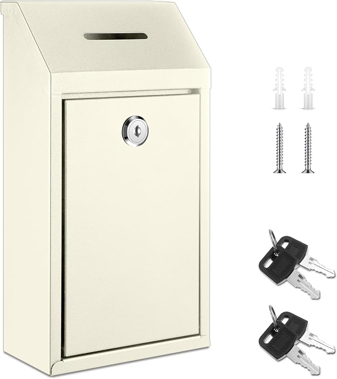 Yaocom Metal Money Box,Beige,10.24 x 5.71 x 2.95 Inch,No Lid | Wall Mounted Drop Donation Cash Box for Farm Stand Collection Safe Suggestion Box with Lock Container for Home Office Outdoor