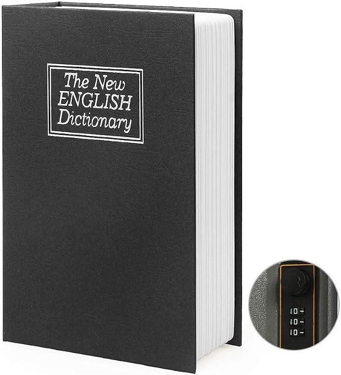 Small Sized Diversion Book Safe Storage Box, Dictionary Secret Safe Can with Security Combination Lock/Key, Diversion Book Hidden Safe (Combination, Black dictionary)