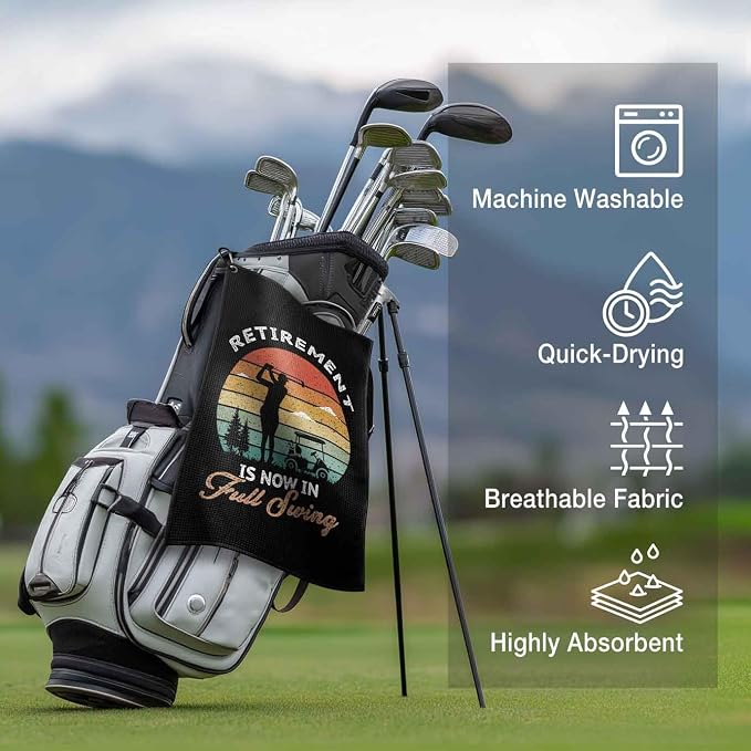 Funny Golf Towel with Clip,Golf Bag Accessories for Men,"Retirement is Now in Full Swing"Golf Gifts for Women Mom Grandma Dad,16x24inch Microfiber Golf Towel,Birthday Christmas Retirement Golfer Gifts