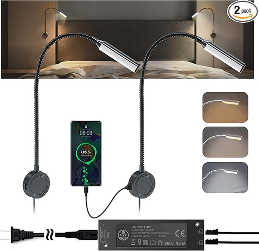 VST Books Lights for Headboard, Bedside Wall Mounted Reading Lamp, Reading Light Touch to Adjust Color Temp (3000K/4000K/6000K) and Brightness, USB/Type-C Charging Ports, 20W Driver, ETL-Listed