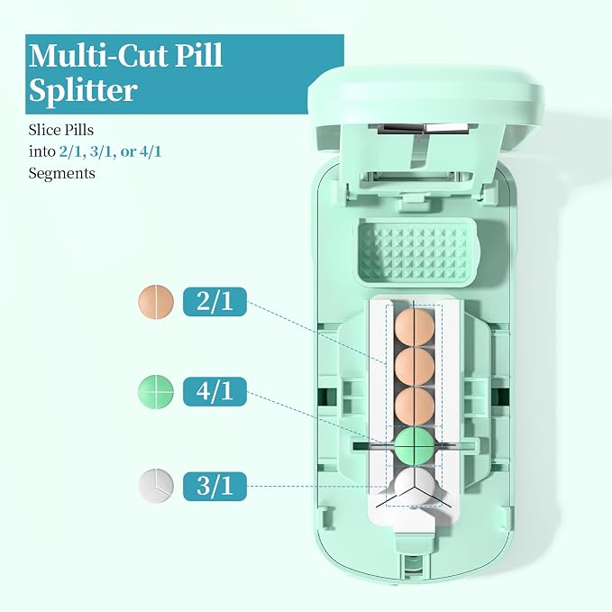 Daviky Pill Cutter Splitter for Small & Tiny Pills, Dual Safety Blades, Adjustable Centering Slot, Precise 1/2 1/3 1/4 Tablet Cutter, Built-in Storage, Portable & Senior-Friendly（Green）