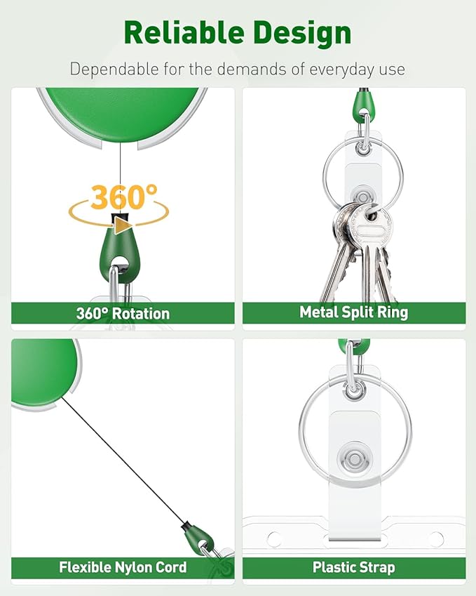 Uniclife 2 Pack Retractable Badge Reel for Badge Holder Green Heavy Duty Retractable Keychain Strong ABS Casing with Stainless Steel Spring Coil 24 Inch Nylon Rope Carabiner Clip and Key Ring