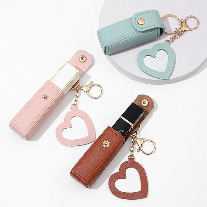 Arvintas 4 PACK PU Leather Potable Chapstick Holder Key Chain Bulk with Mirror, Lipstick Keychain, Lip Balm Organizer Holder Lipstick Travel Makeup Storage Case for Women Girls (Style 2)