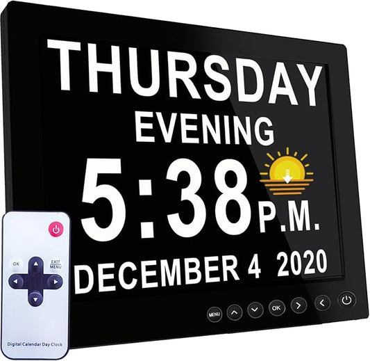 MASSII 8 Inch Large Dementia Clock 28 Alarms with Auto DST, 20 Custom Reminders,10 Levels Auto Dimmer, 6 Display Modes, Digital Clock with Date and Time, 8" Black with Remote