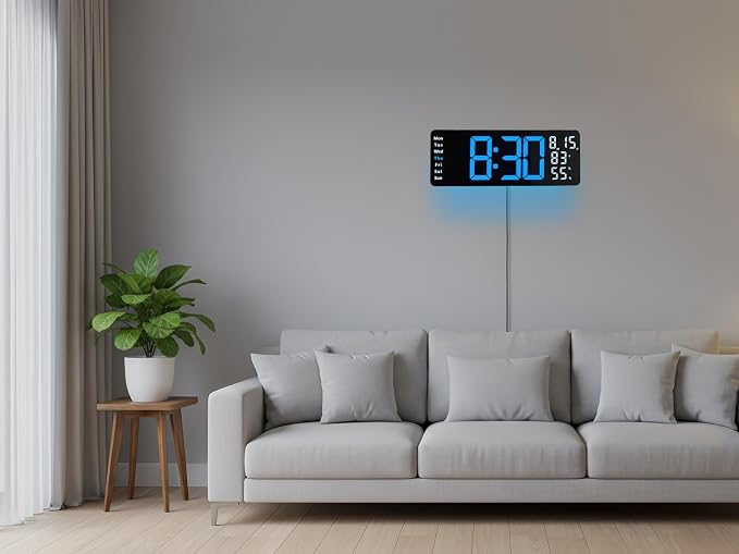 17.5 Inch Blue LED Digital Wall Clock with 8 Ambient Light Colors｜Displays Time,Date,Day,Temperature&Humidity,Dual Alarms,Countdown&Stopwatch,DST,10-Level Auto/Manual Brightness｜Modern Silent Clock