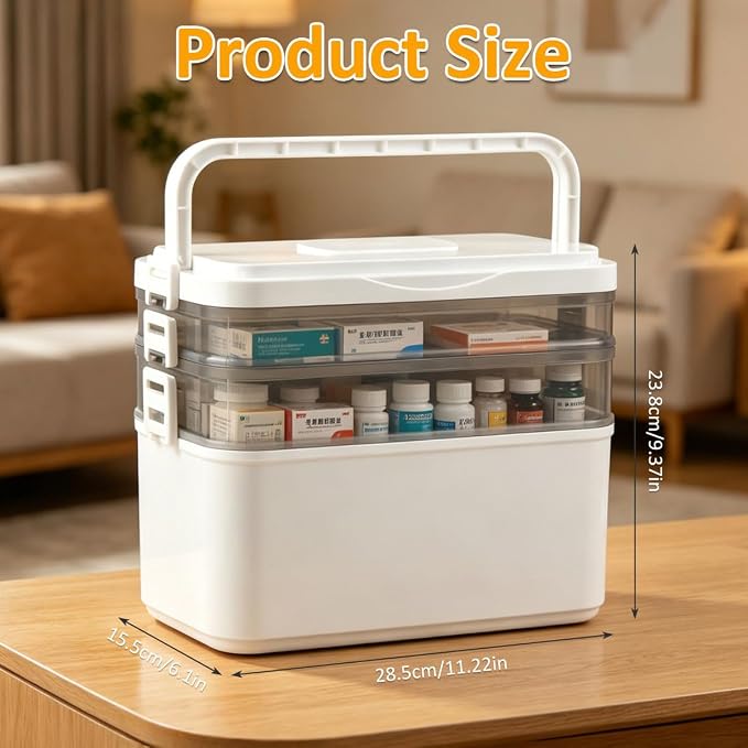 BUYGOO 3-Tier Medicine Cabinet Organizer, Medicine Organizer Box, Portable Medicine Storage Box with Handle, Pill Bottle Organizer Storage, Empty First Aid Kit Container for Home, Travel