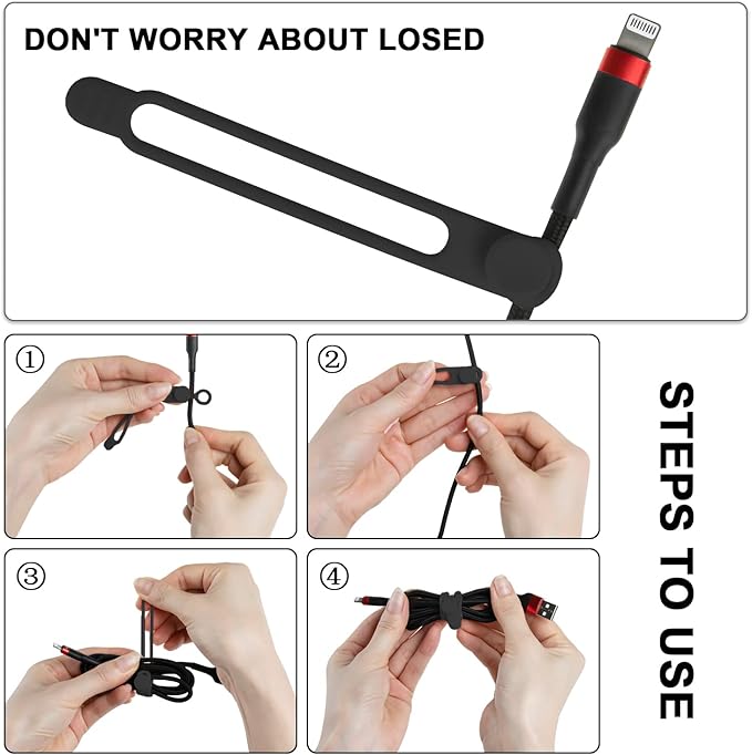 16Pcs Silicone Cable Ties Cord Organizer for Bundling Earphone, Phone Charger, Computer Cords, Reusable Wire Cable Management in Home,Office,Kitchen,School,Travel (Black)