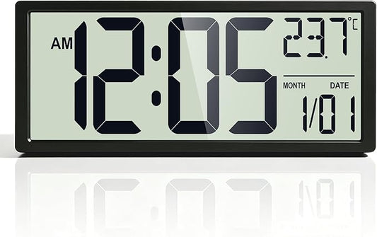 16" Digital Wall Clock, Battery-Operated with Large LCD Display, Jumbo Number Modern Decorative Clock with Alarm, Date, Calendar, Temperature for Elderly, Senior Bedroom, Living Room, Kitchen