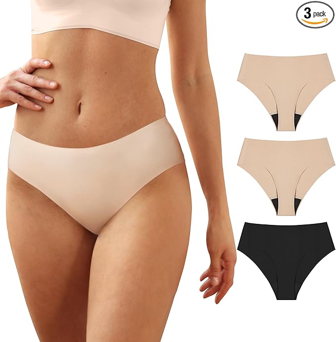 Washable Incontinence Underwear for Women, 1.8 oz Absorbency Leak Proof Seamless Mid Rise Briefs for Postpartum 3 Pack (Black-Beige, XL)
